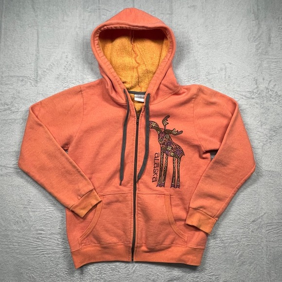 Gildan Tops - Gildan Full Zip Hoodie Womens Small Orange Alaska Moose Graphic Heavy Blend
